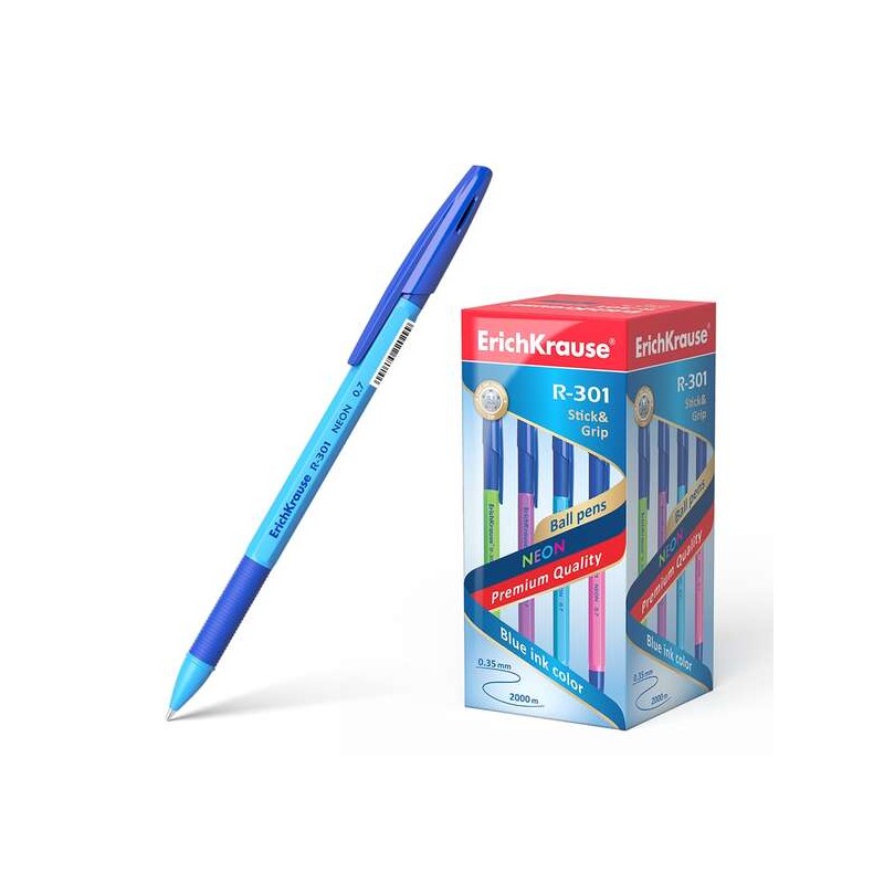 Penna a sfera Erichkrause R-301 Neon StickeGrip 0.7 - Fusto esagonale traslucido - Zona impugnatura in gomma - Punta 0.7