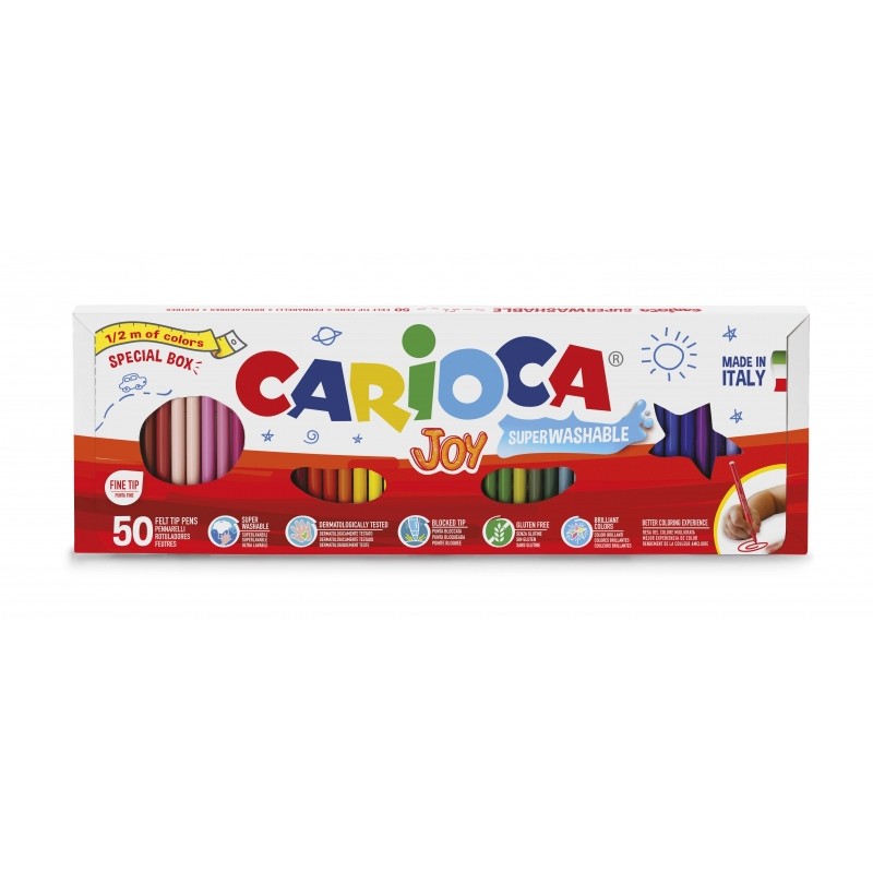 Confezione da 50 pennarelli Carioca da mezzo metro - 36 colori diversi - inchiostro super lavabile - punta fine bloccata