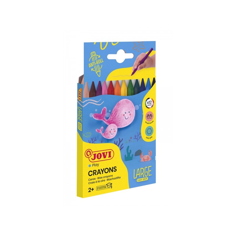 Confezione da 12 pastelli a cera esagonali in plastica Jovi Large Easy Grip - Facile rimozione della punta - Non macchia