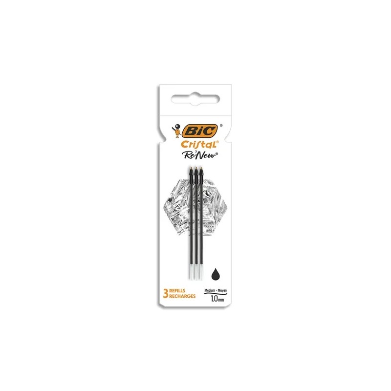 Bic Confezione da 3 ricariche per penna a sfera Re'new Cristal - Punta media da 1.0 mm - Inchiostro a base di olio - Col