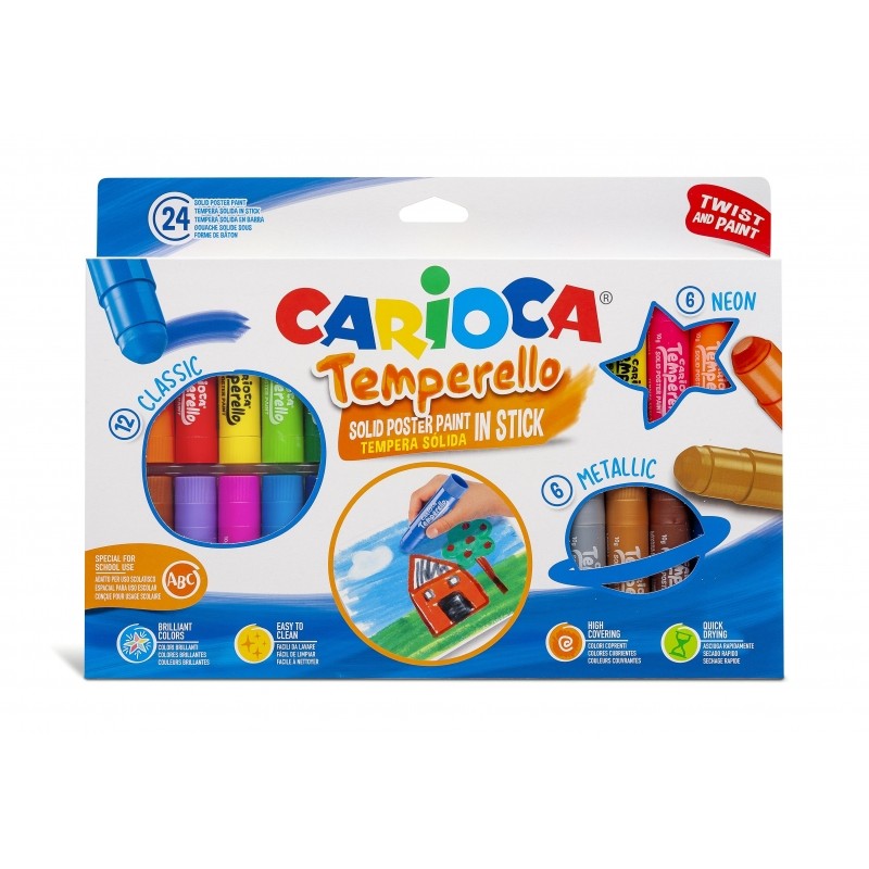 Carioca Temperello Confezione da 24 colori a tempera solidi - Colori lucidi e lavabili - Alta copertura - Facile da misc