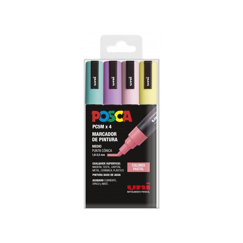 Posca PC-5M Confezione da 4 pennarelli - Punta 1.8-2.5 mm - Inchiostro a base d'acqua - Non permanente - Resistente alla