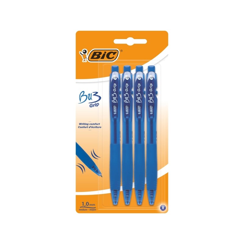 Bic Bu3 Confezione da 4 penne a sfera retraibili - Punta media 1 mm - Tratto 0.32 mm - Impugnatura in gomma - Scrittura 