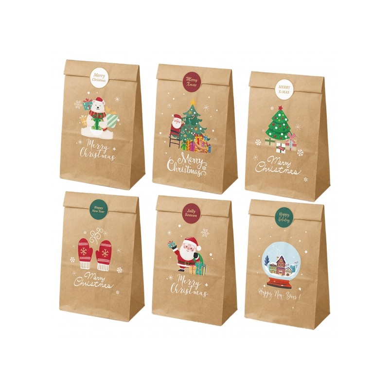 Dohe Natale Confezione da 12 sacchetti di carta Kraft 22x12x8cm - 2 sacchetti per modello - Alta resistenza