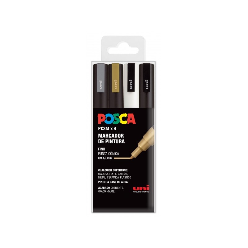 Posca PC3M Confezione da 4 pennarelli - Punta conica 0.9-1.3 mm - Inchiostro a base d'acqua - Resistente alla luce - Non