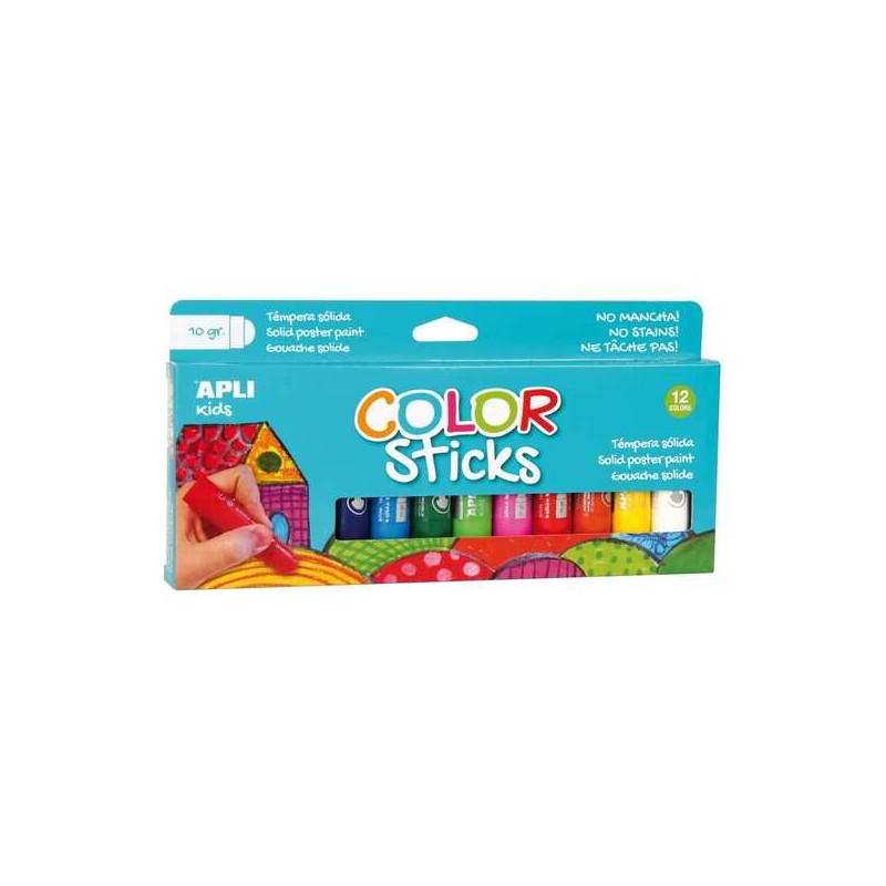 Apli Confezione da 12 colori a tempera solidi 10g - Finitura satinata - Non macchia - Colori solidi