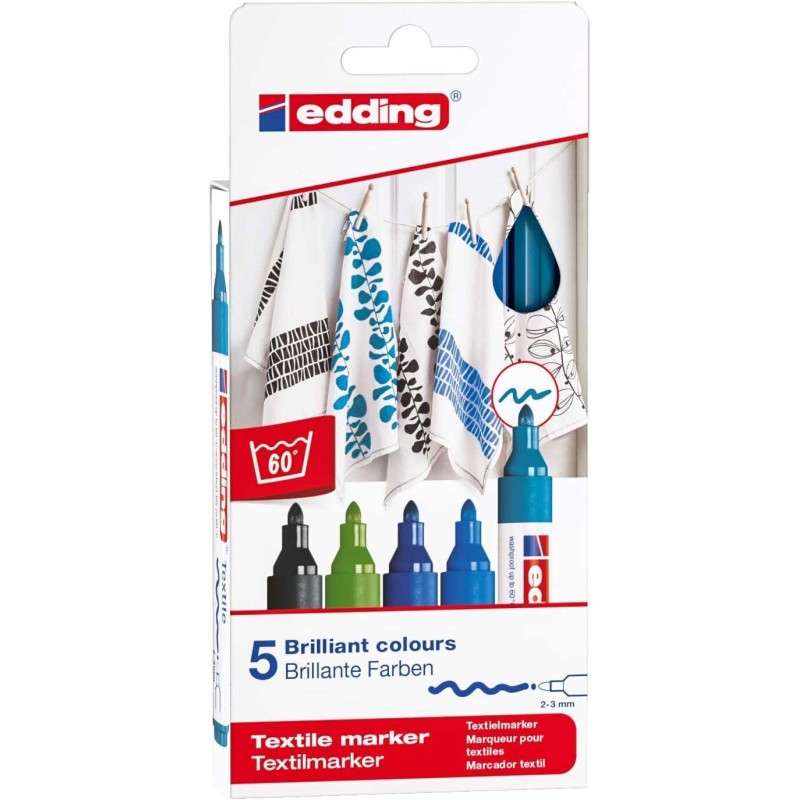 Edding 4500 Cool Colours Confezione da 5 marcatori tessili permanenti - Punta tonda - Lunghezza linea 2-3 mm - Odore neu
