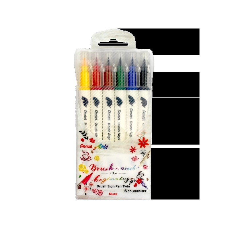 Pentel Brush Sing Pen Confezione doppia di 6 penne con doppia punta flessibile - Punta larga 1-4 mm. punta fine 0.2-2 mm