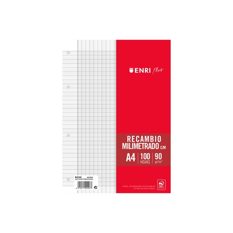 Enri Plus Refill A4 100 fogli con margine millimetrato - Carta da 90gr - 4 fori