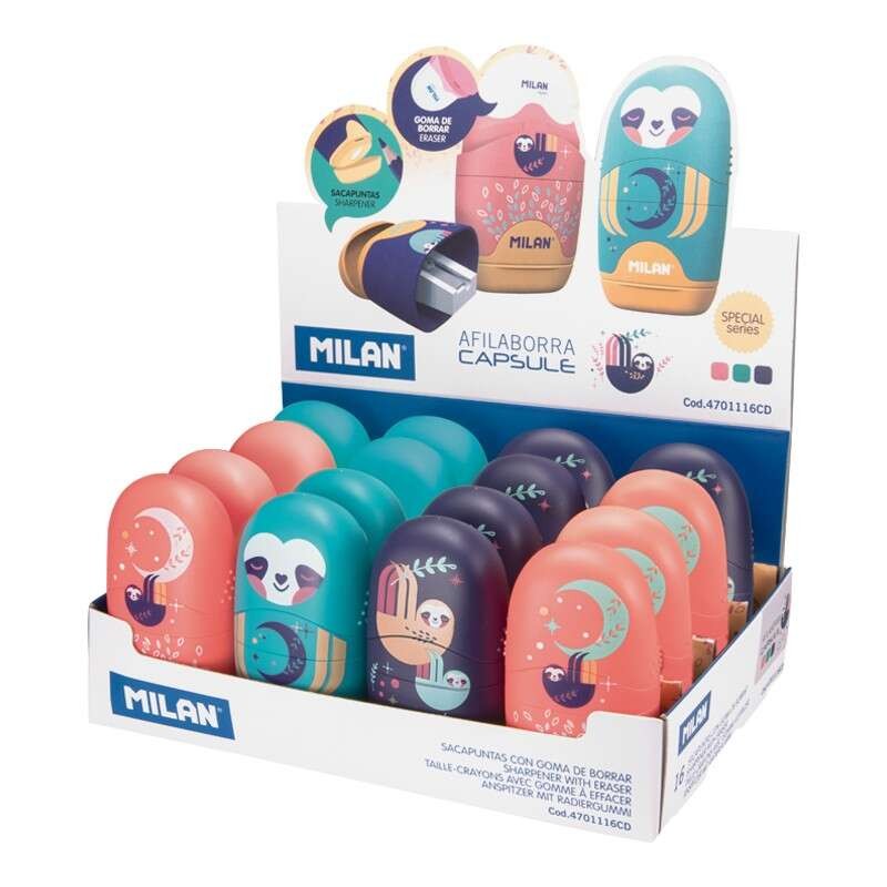 Display di 16 affilatori - Lama d'acciaio - Gommino - Lama di sicurezza - Colori assortiti