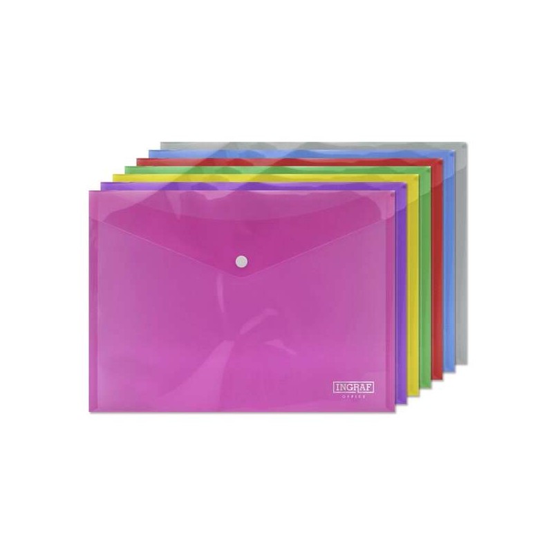 Ingraf Confezione da 10 buste con chiusura a scatto - Polipropilene - Formato A4 - Colori assortiti