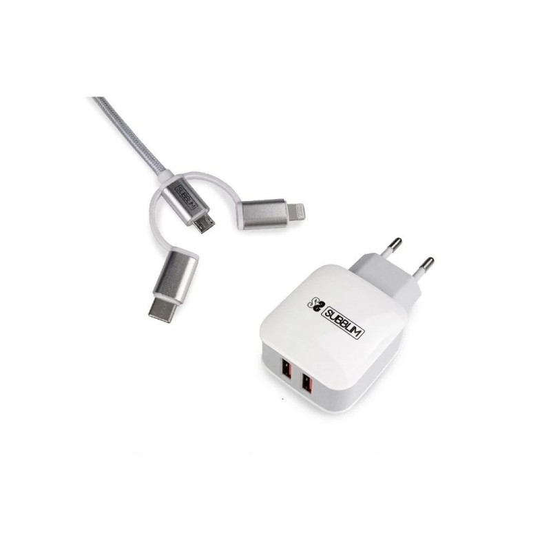 Subblim Dual Wall Charger - 1 m - Esterno in nylon resistente e flessibile - Connettori in alluminio - Ricarica rapida e