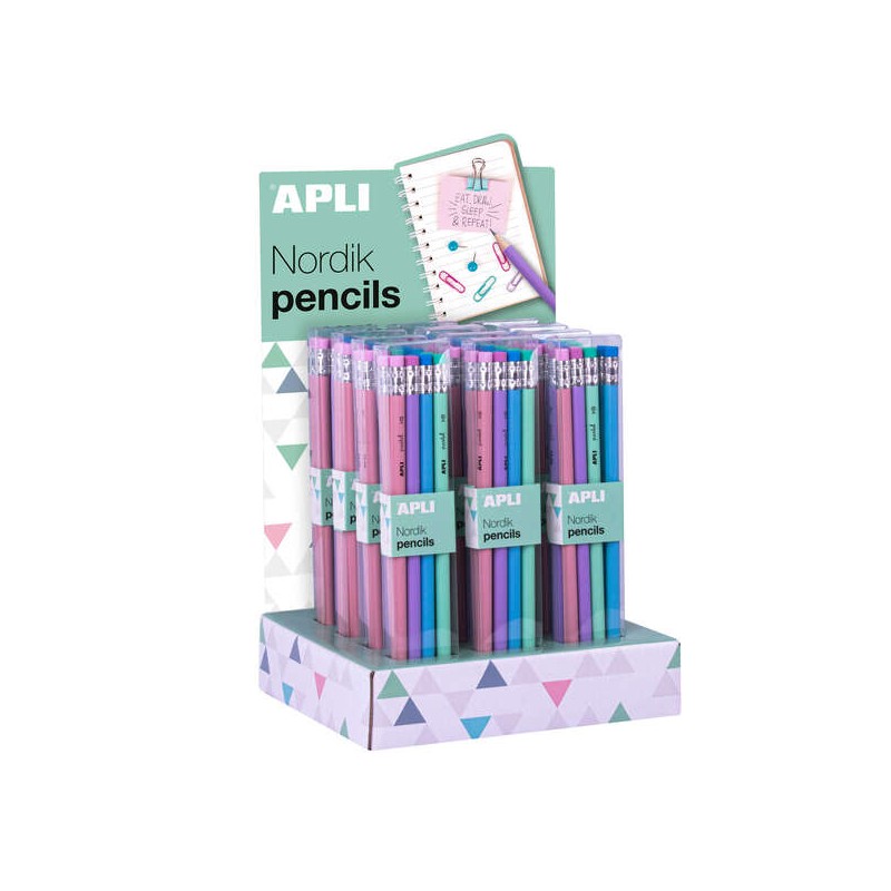Apli Nordik Collection Display di 12 confezioni da 8 matite di grafite HB 2 mm con gomma - Colori rosa. lilla. turchese 