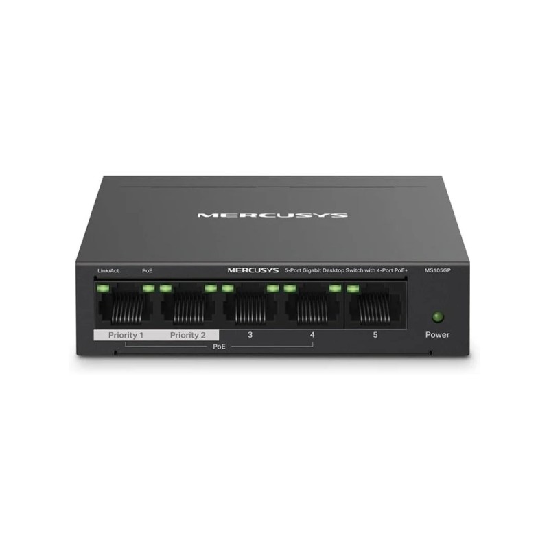 Switch Mercusys 5 porte Gigabit RJ45 10/100/1000Mbps - 4 porte PoE - Design compatto - Plug e Play - Involucro metallico