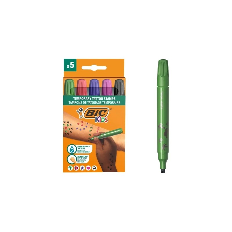Bic Kids Confezione da 5 pennarelli per tatuaggi temporanei - Dermatologicamente testati e senza profumo - Colori assort