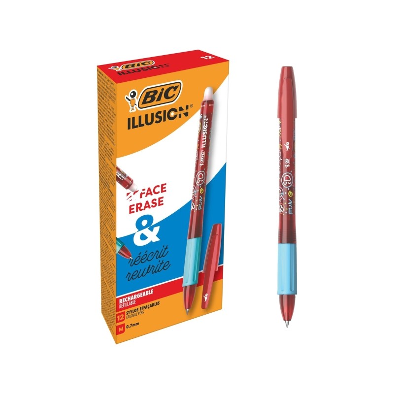 Bic Illusions Penna a sfera cancellabile - Pennino medio da 0.7 mm - Impugnatura in gomma - Ricaricabile - Colore rosso