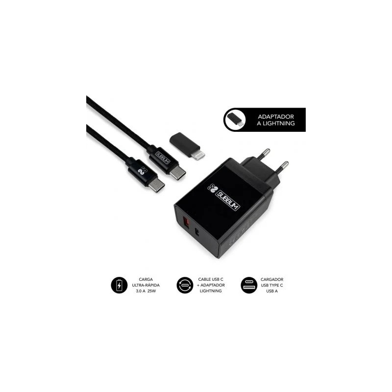 Caricatore domestico a 2 porte Subblim - 25W - Carica rapida PD 3.0/2.0/Quick Charge 3.0 4.0 2.0 - Cavo USB C reversibil