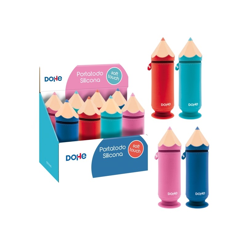 Espositore per matite Dohe con 8 semplici portamatite in silicone a forma di matita - con chiusura a cerniera e impugnat