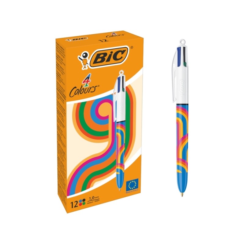 Bic 4 Colours Decors Lines Penna a sfera retrattile - Punta media 1.0 mm - Inchiostro a base d'olio - 4 colori