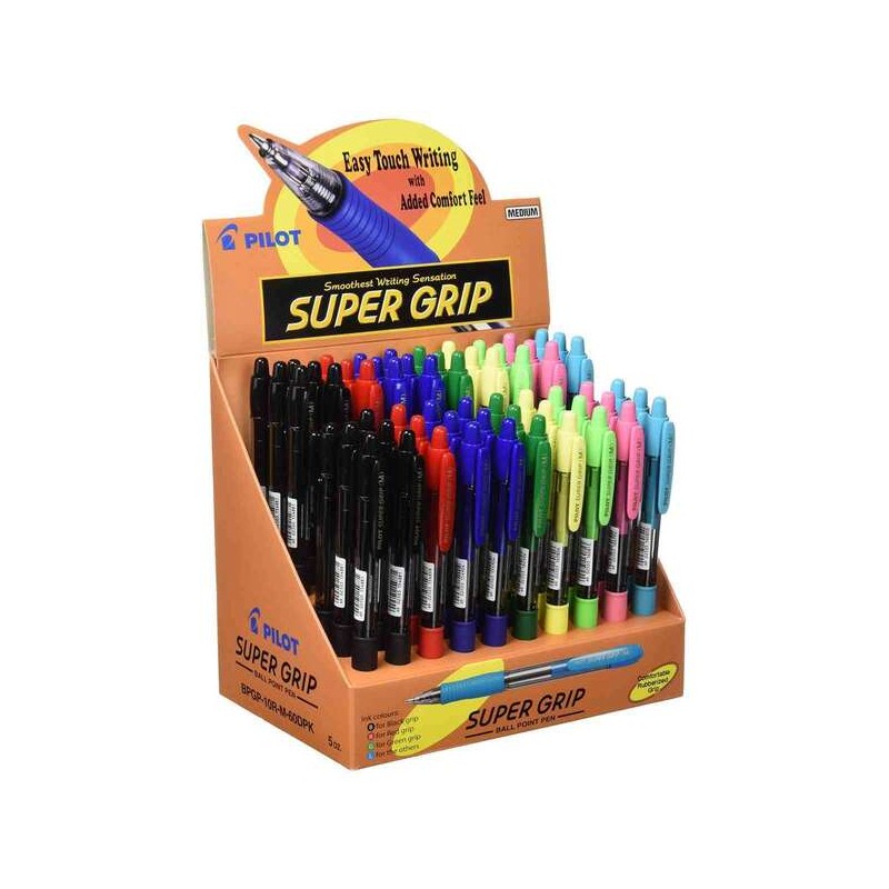 Pilot Display di 60 penne a sfera retrattili SuperGrip - Punta tonda da 1.0 mm - Tratto 0.27 mm - Inchiostro a base d'ol