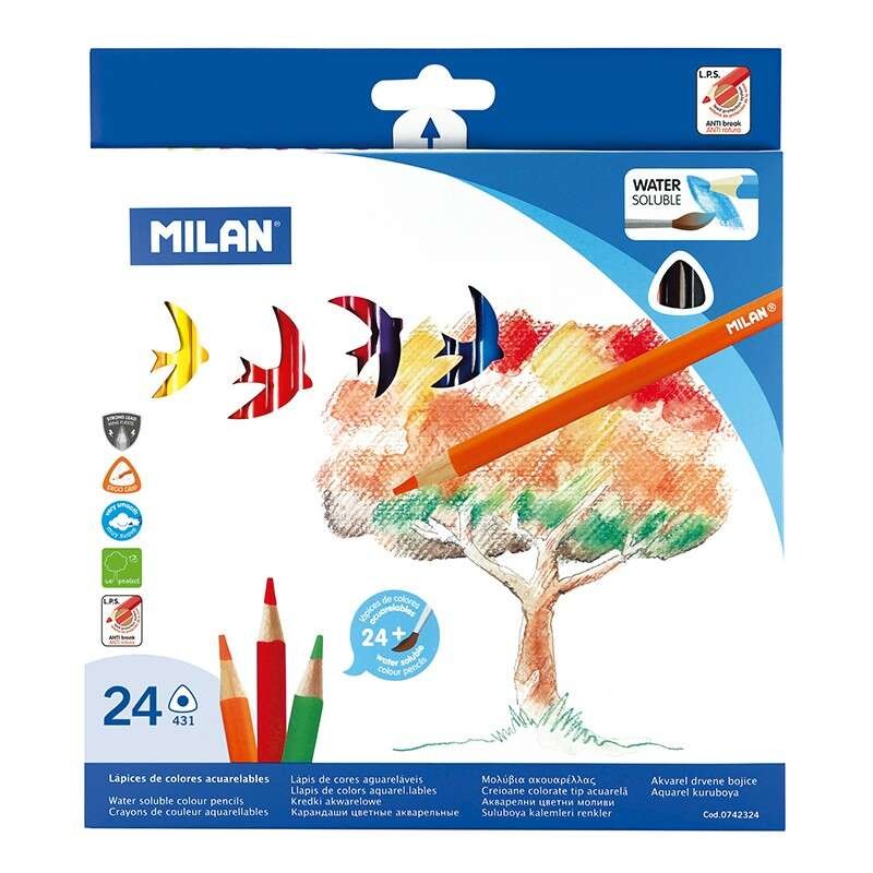Milan Confezione da 24 matite acquerellabili triangolari + pennello - mina 2.9 mm - tratto uniforme - resistente allo st