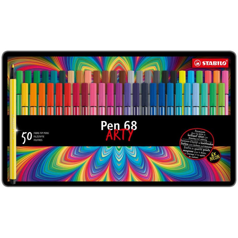 Stabilo Pen 68 Arty Metal Confezione da 50 penne - Punta in fibra - Tratto di circa 1 mm - Inchiostro a base d'acqua - C