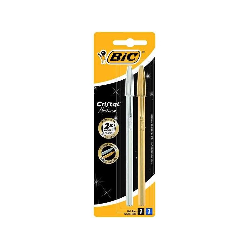 Bic Cristal Shine Confezione da 2 penne a sfera - Punta media da 1.0 mm - Inchiostro a base di olio - Corpo argento e or