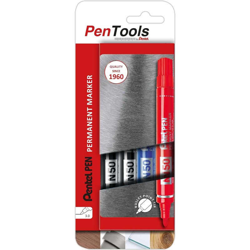 Pentel PenTools Confezione da 4 penne industriali permanenti Pentel Pen N50 - Punta conica resistente e durevole - Linea