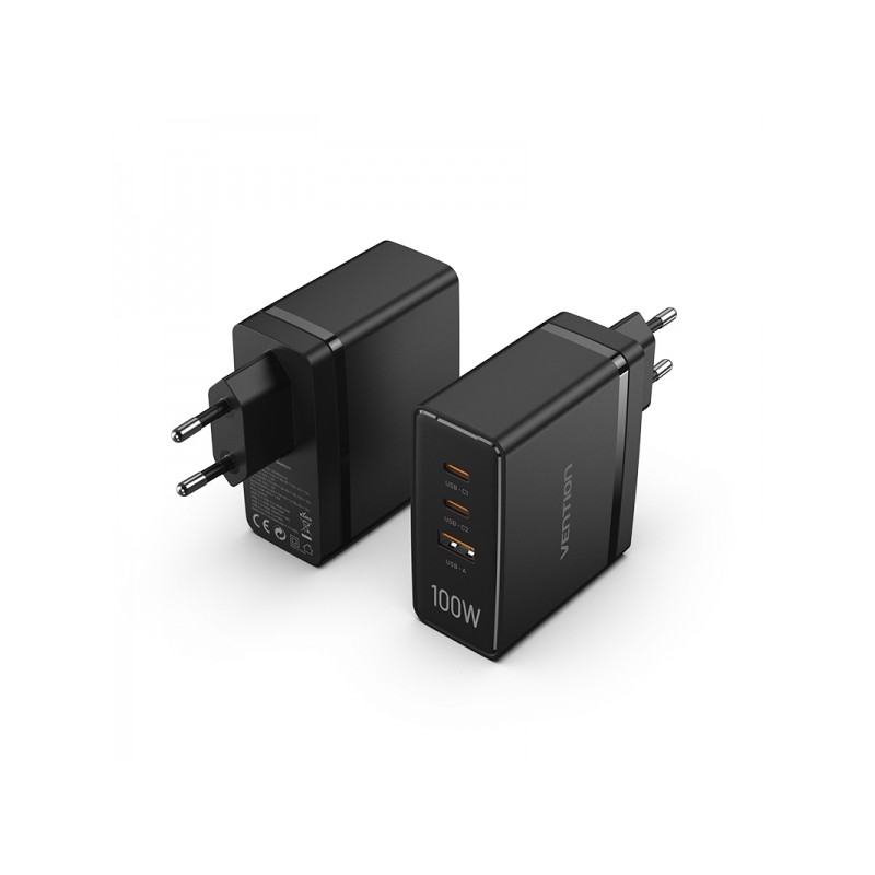 Caricabatterie da parete Vention GaN da 2xUSB-C a 1xUSB 100W - Colore nero