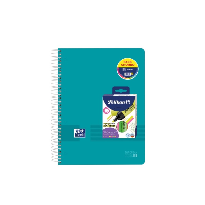 Oxford Europeanbook 8 Live e Go Spiral Notebook Pack A4+ 160 fogli 5x5 quadrati + 4 pennarelli Texmarker 490 Pelikan - 8