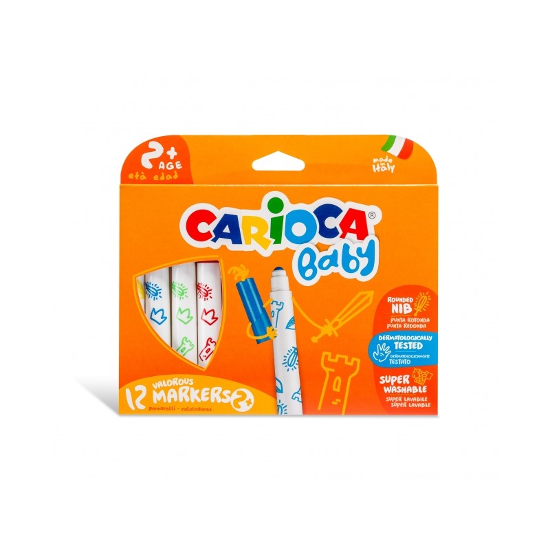 Pennarello Carioca per bambini 12 confezioni - Punta tonda e a blocco - Corpo sovradimensionato - Super lavabile - Derma