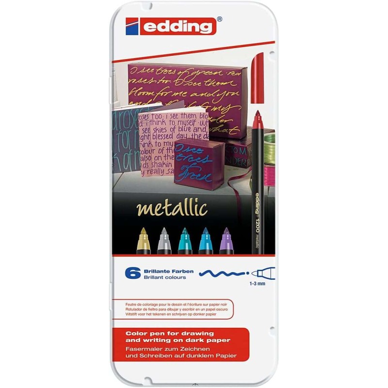 Edding 1200 Metallic confezione da 6 - Punta tonda - tratto 1 mm - Inchiostro a base d'acqua - Colori metallizzati oro. 