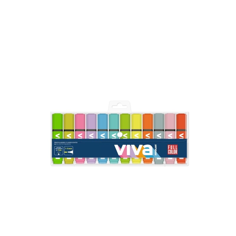 Molin Viva Confezione da 12 pennarelli fluorescenti - Linea da 1 a 5 mm - Inchiostro a base d'acqua - Colori assortiti