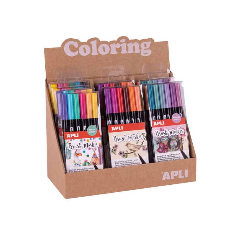 Pennarelli da colorare Apli - Espositore con 8 confezioni assortite - Doppia punta di nylon da 1 a 4 mm e punta rotonda 