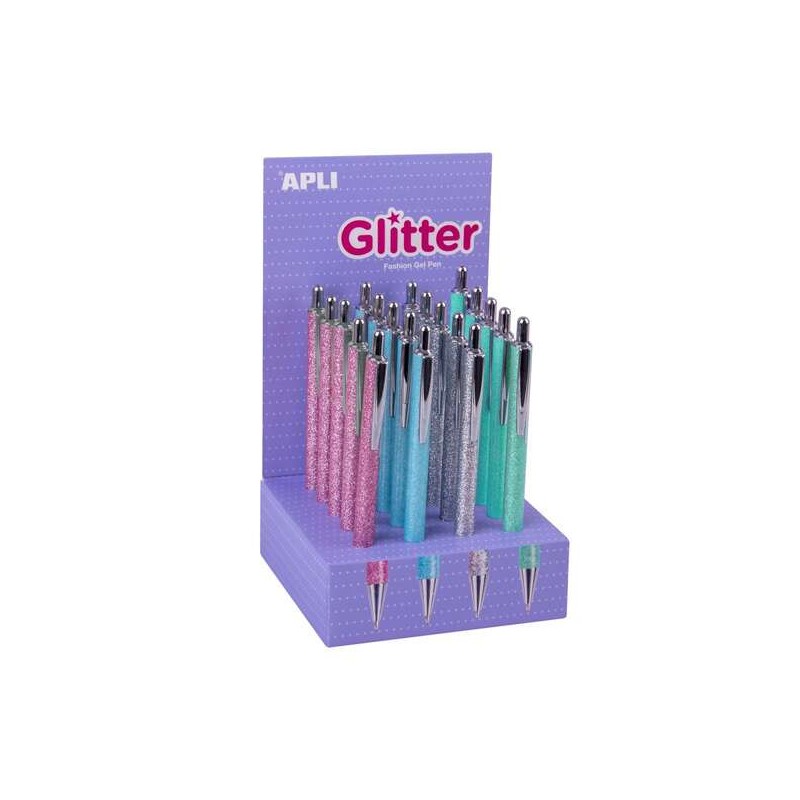 Apli Glitter Display di 20 penne a sfera in metallo - Inchiostro a base d'olio - Asciugatura rapida - Punta da 1 mm - Co
