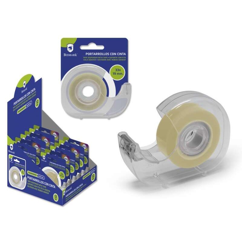 Porta rotolo di nastro adesivo trasparente Bismark - Corpo in plastica - Include 33 metri di nastro adesivo - Ideale per