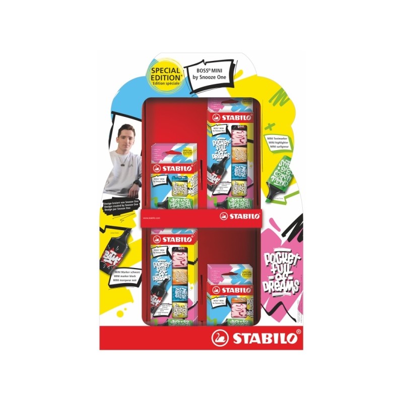Stabilo Boss Mini by Snooze One Display con 4 confezioni di 3 mini pennarelli + 4 confezioni di 3 mini pennarelli + 8 co