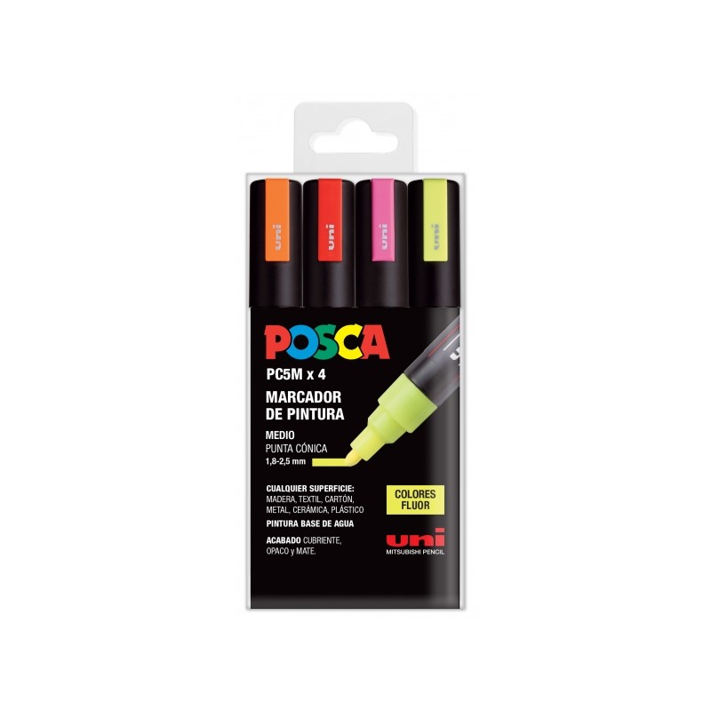Posca PC-5M Confezione da 4 pennarelli - Punta 1.8-2.5 mm - Inchiostro a base d'acqua - Non permanente - Resistente alla