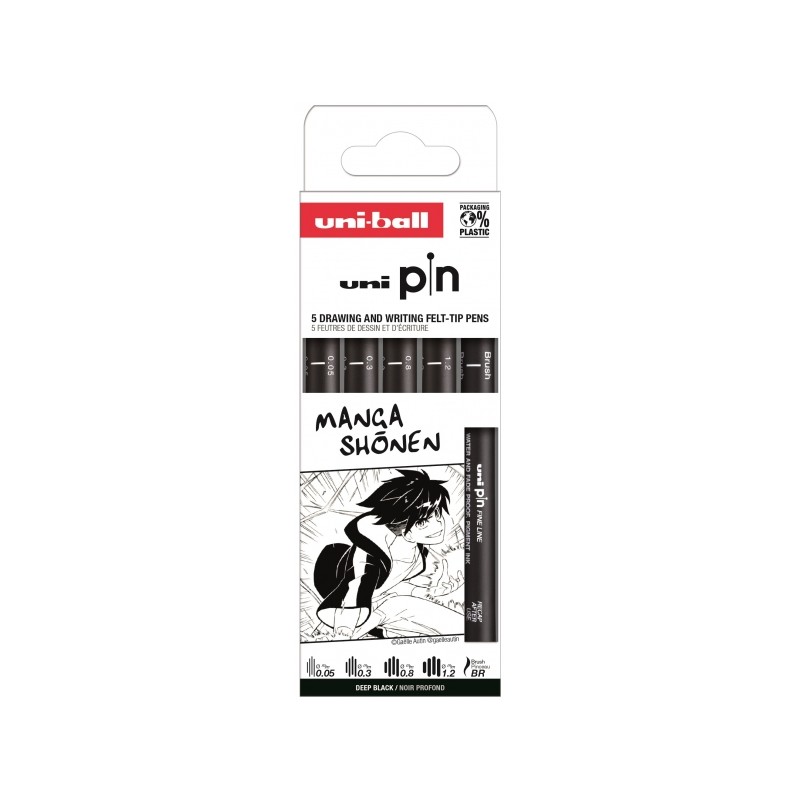 Uni-ball Uni Pin Manga Shonen Confezione da 5 pennarelli calibrati 0.05. 0.3. 0.8. 1.2 e pennello - Punta in poliacetale