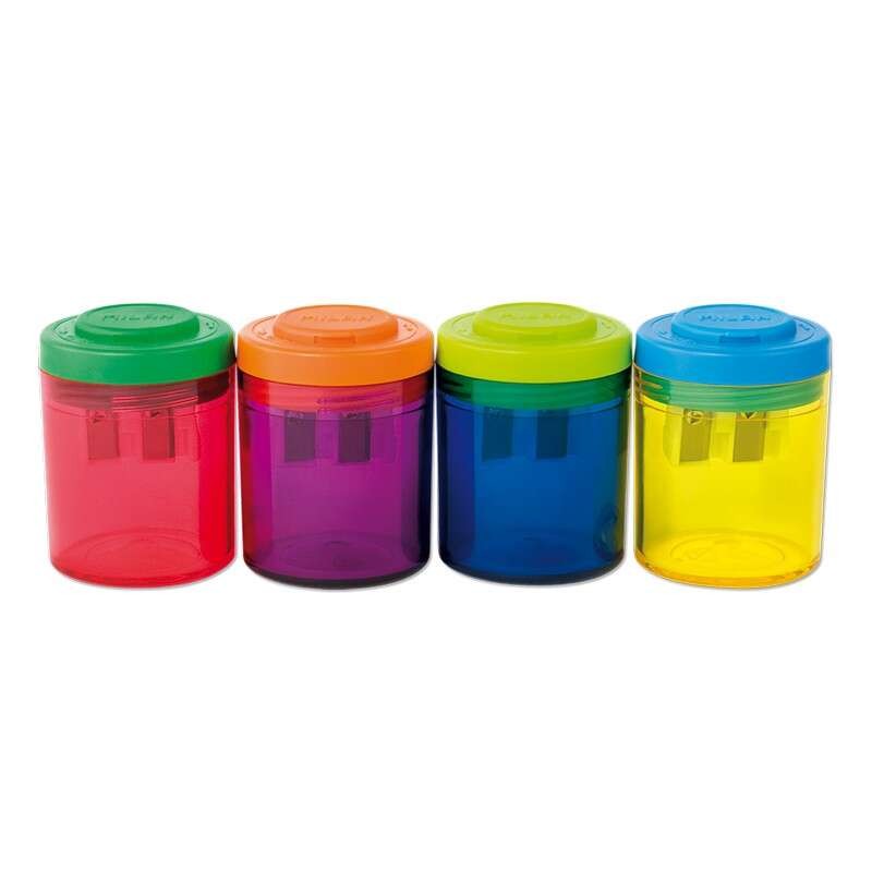 Display di 12 affilatrici con serbatoio - Uso standard e maxi - Lama in acciaio - Colori assortiti