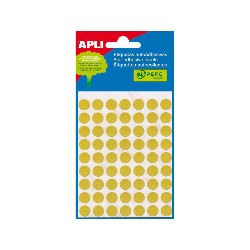 Mini sacchetto Apli da 175 etichette rotonde Ø 13 mm - 5 fogli per 35 etichette - Adesivo permanente - Colore giallo