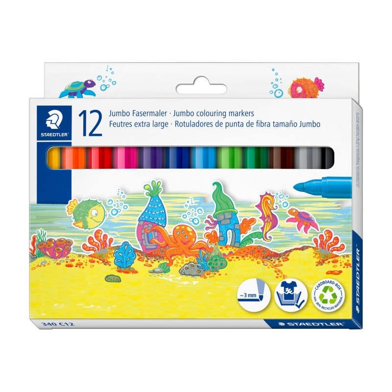 Staedtler Noris Jumbo 340 Confezione da 12 penne Jumbo - Punta in fibra - Tratto 3 mm - Facilmente lavabile - Inchiostro