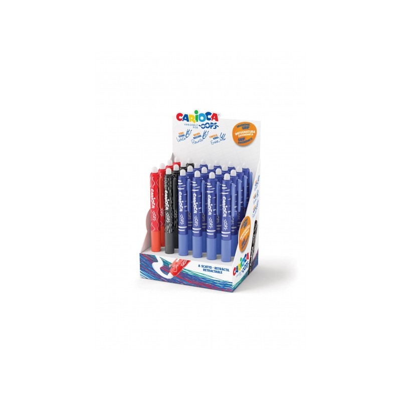 Carioca Oops Display di 24 penne a sfera cancellabili e retraibili - Inchiostro termosensibile - Impugnatura ergonomica 
