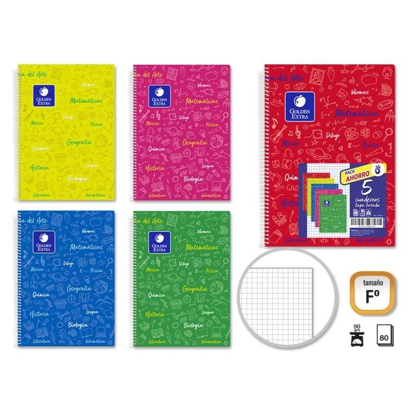 Golden Confezione da 5 Quaderni Folio 80 Fogli 90gr Griglia 4 x 4 - Resistente - Ideale per studenti - Copertina morbida