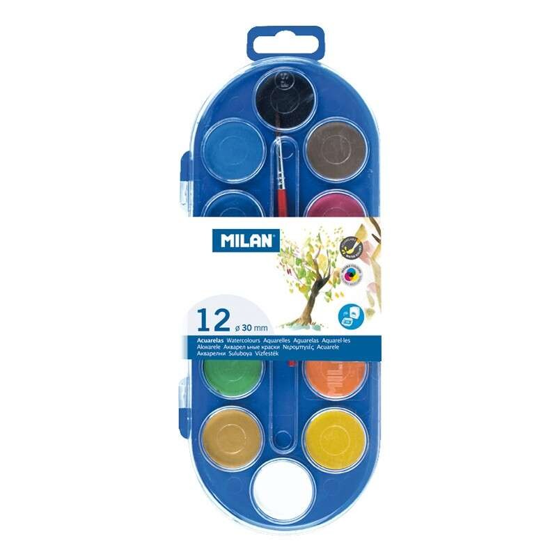 Milano Set di 12 acquerelli Ø30 mm + pennello Serie 101 - Miscelabili - Colori assortiti