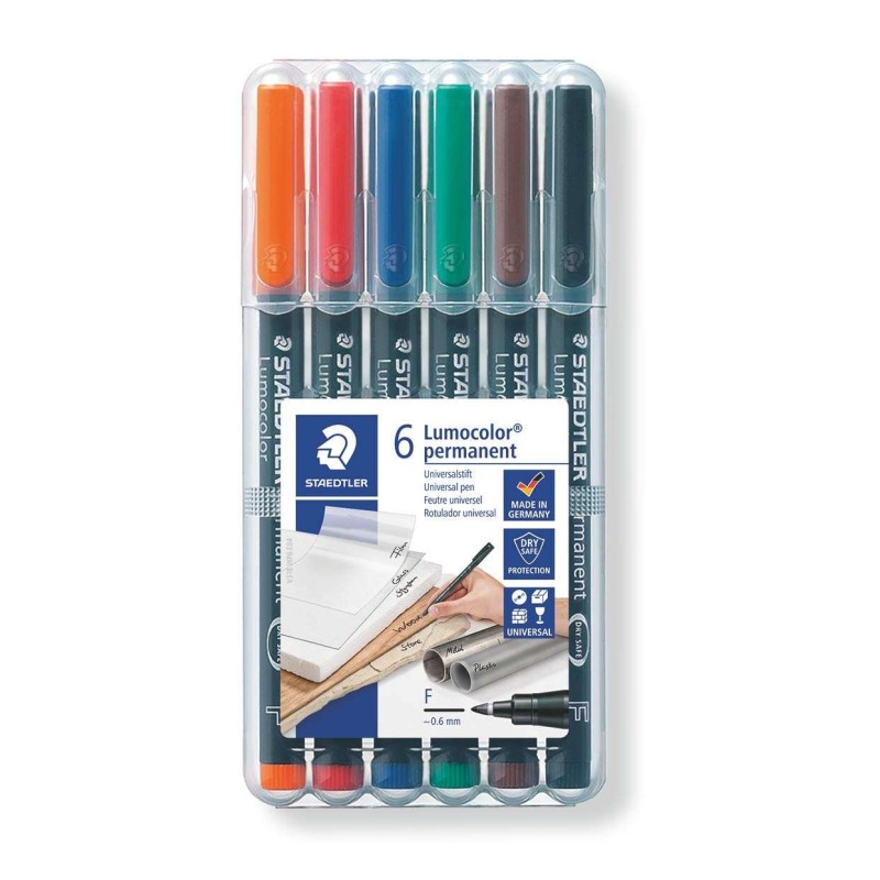 Staedtler Lumocolor 318 Confezione da 6 pennarelli permanenti - Punta fine rotonda - tratto 0.6 mm - Cappuccio con clip 