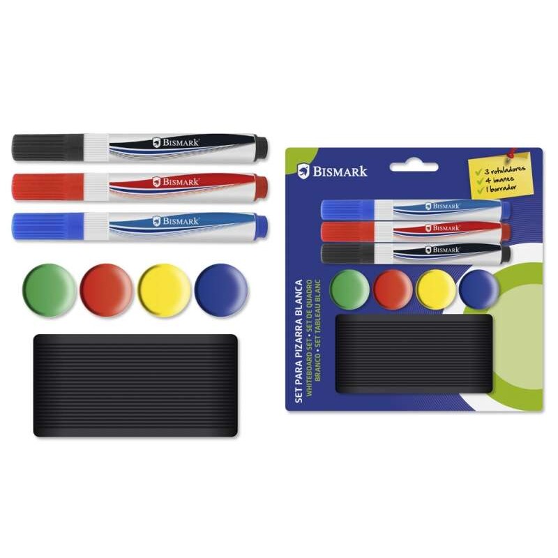 Confezione da 3 pennarelli per lavagna bianca + 4 magneti + gomma - Colori assortiti
