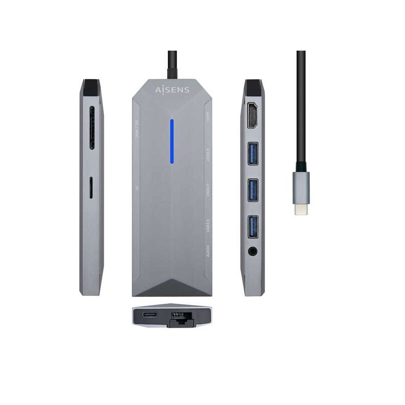 Aisens Dock 9 in 1 Hub USB-C 3.0 con 3x USB-A 3.0. 1x HDMI 1x RJ45. 1x PD 100W. 1x Audio 3.5mm. 1x Lettore SD. 1x Lettor