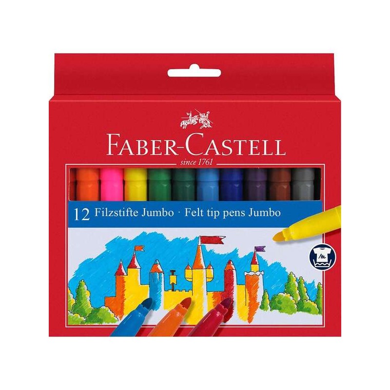 Faber-Castell Confezione da 12 pennarelli a punta spessa - Inchiostro lavabile a base d'acqua - Colori assortiti