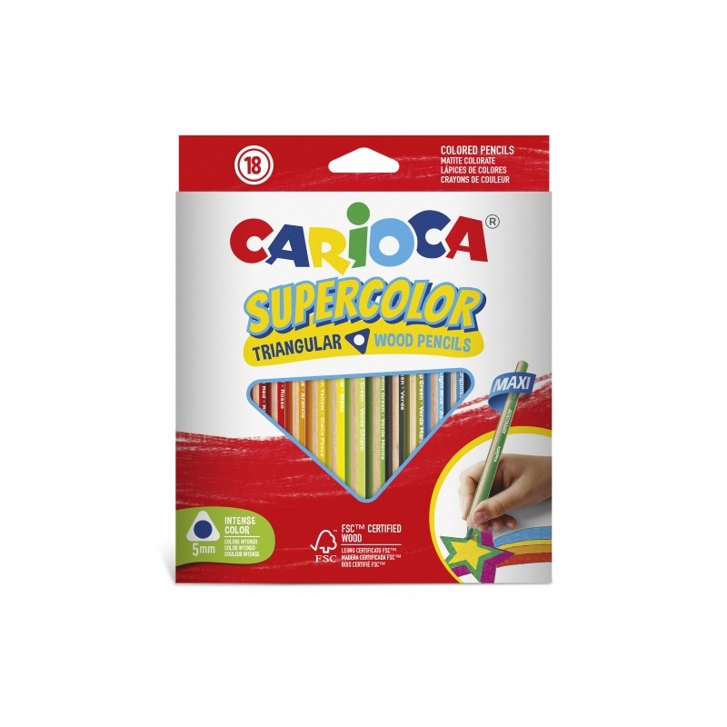 Carioca Supercolour Confezione da 18 matite in legno - Corpo triangolare maxi - Colori intensi e alta opacità - Matita 